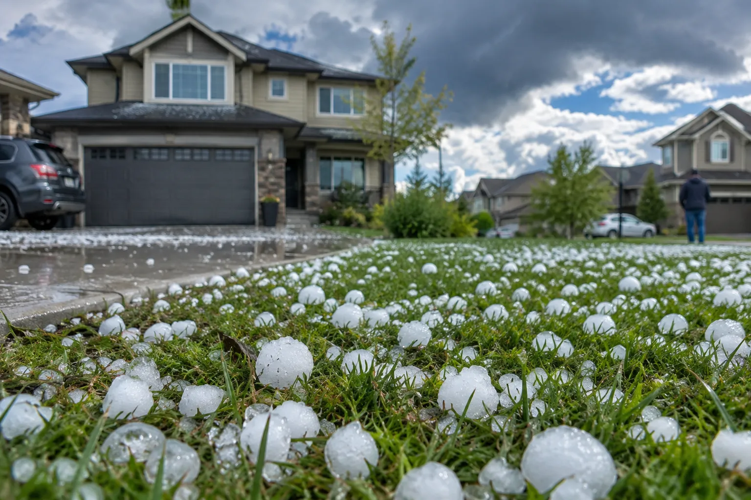 Hailstones covering a lawn in front of a house after a summer storm