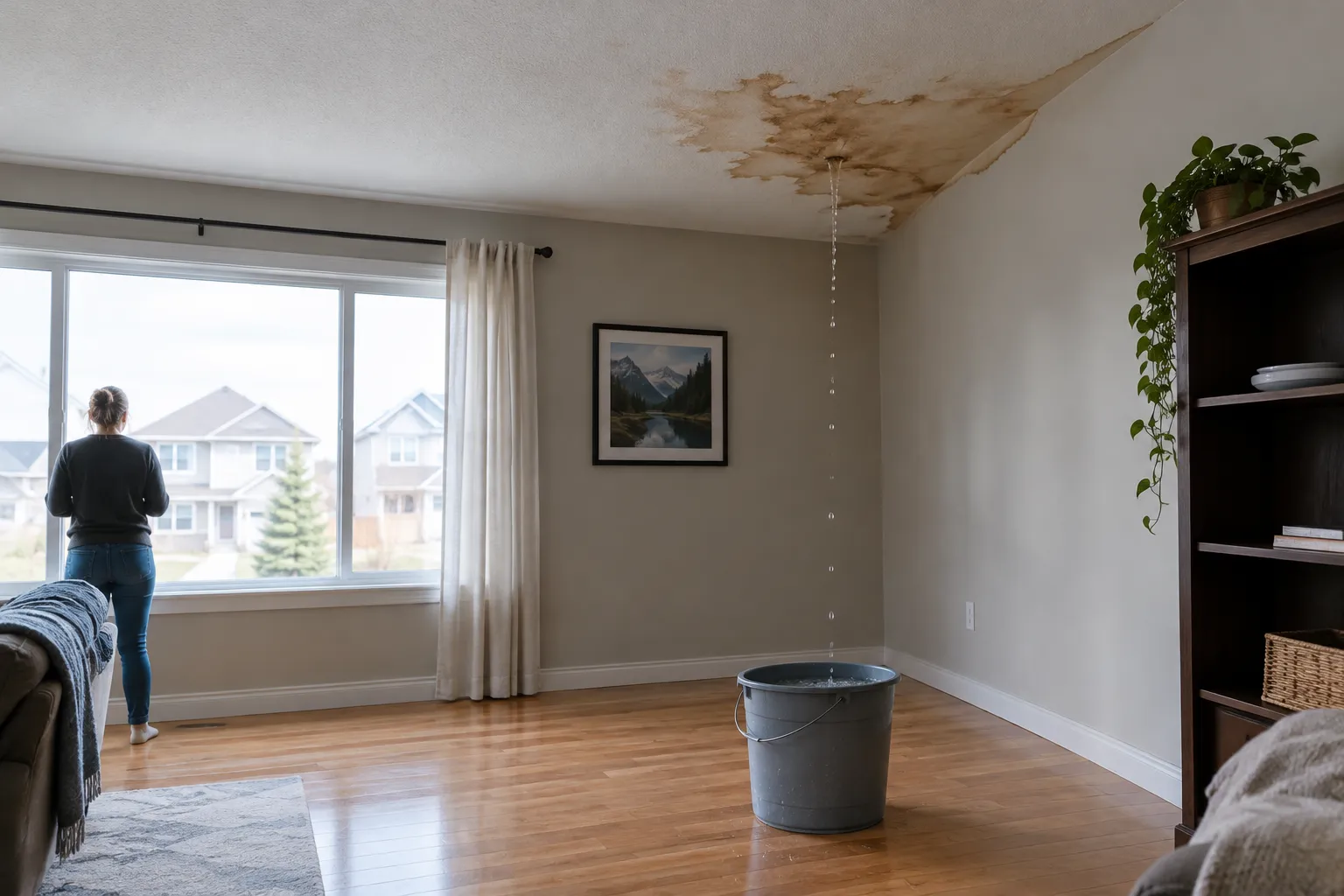 A brown water stain on a ceiling with a drip falling into a bucket below