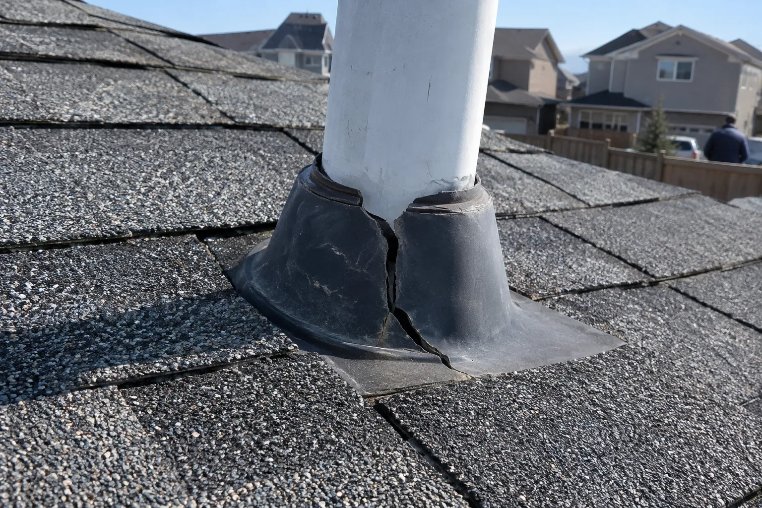 A cracked rubber boot around a plumbing vent pipe on a shingle roof