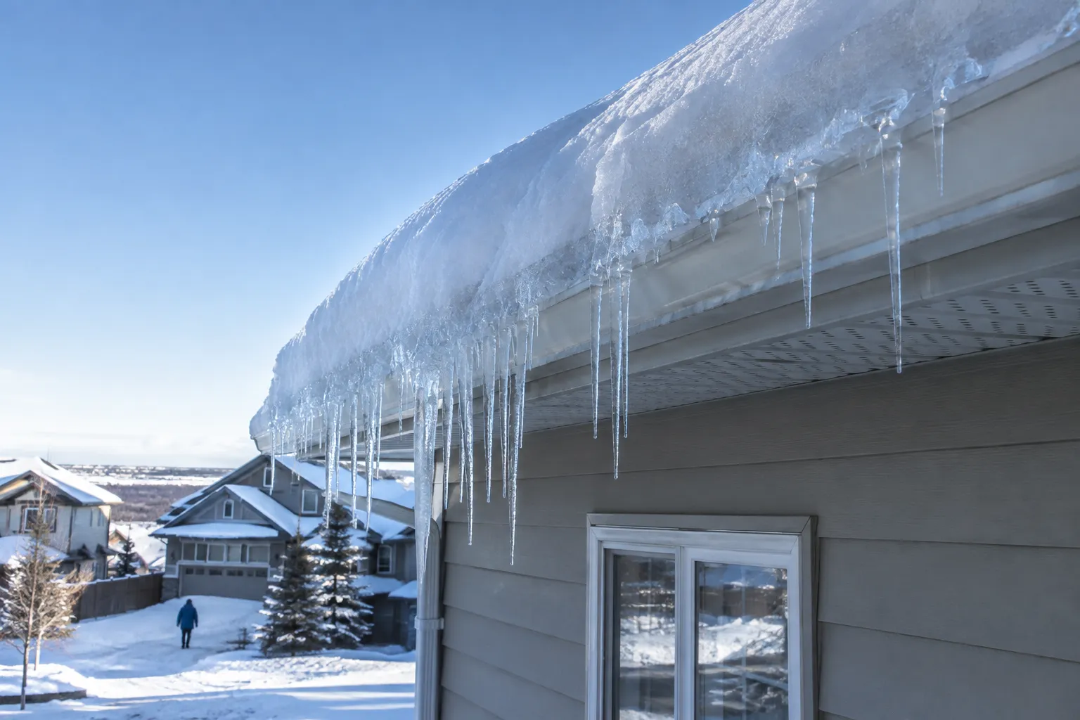 A thick ridge of ice and long icicles along the snowy edge of a roof