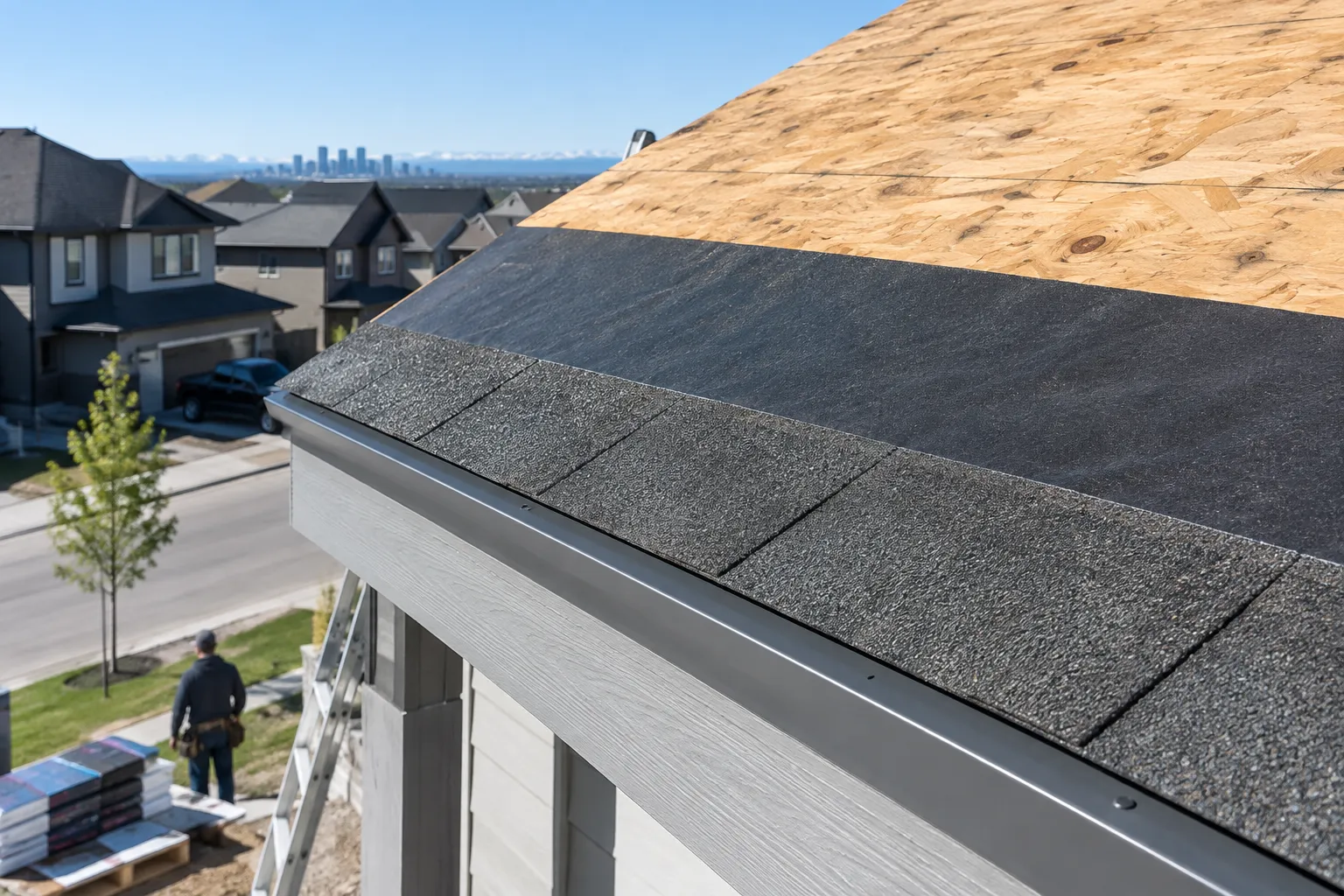 Roof edge with ice and water membrane, metal drip edge and a starter row of shingles