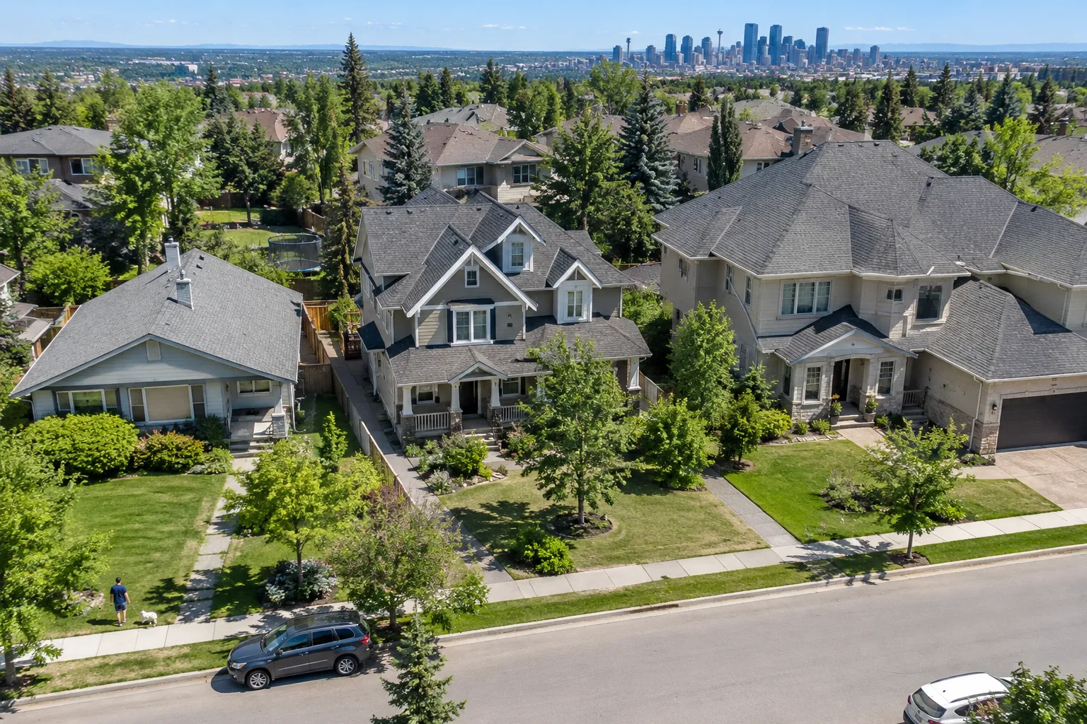 Houses with simple and complex roof shapes on a suburban street, seen from above