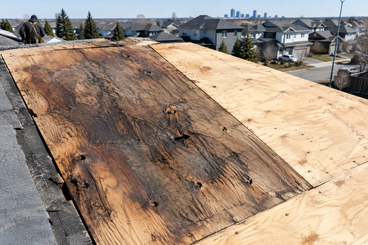 Exposed roof decking with one rotten, water-stained sheet next to sound plywood