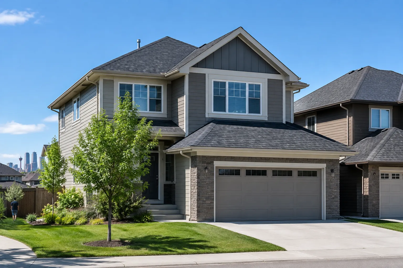 A new dark gray architectural shingle roof on a two-storey house