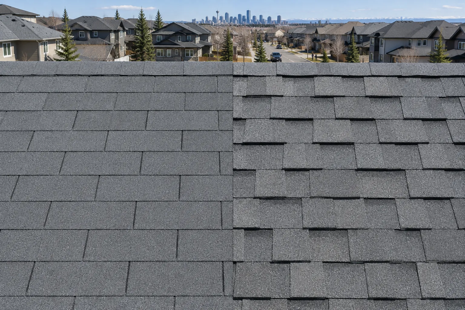Flat three-tab shingles on the left and thicker layered architectural shingles on the right