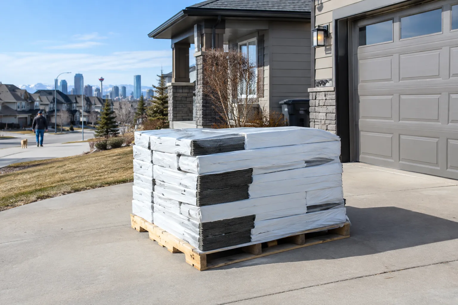 Wrapped bundles of asphalt shingles stacked on a pallet in a driveway